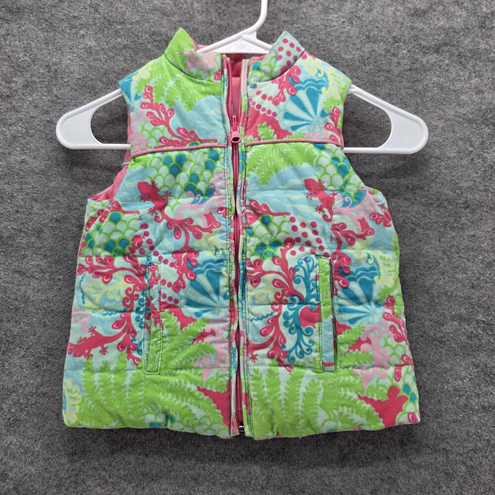 Lilly Pulitzer Vest Girls 5 Reversible Pink Green Quilted Down Puffer Palm Kids